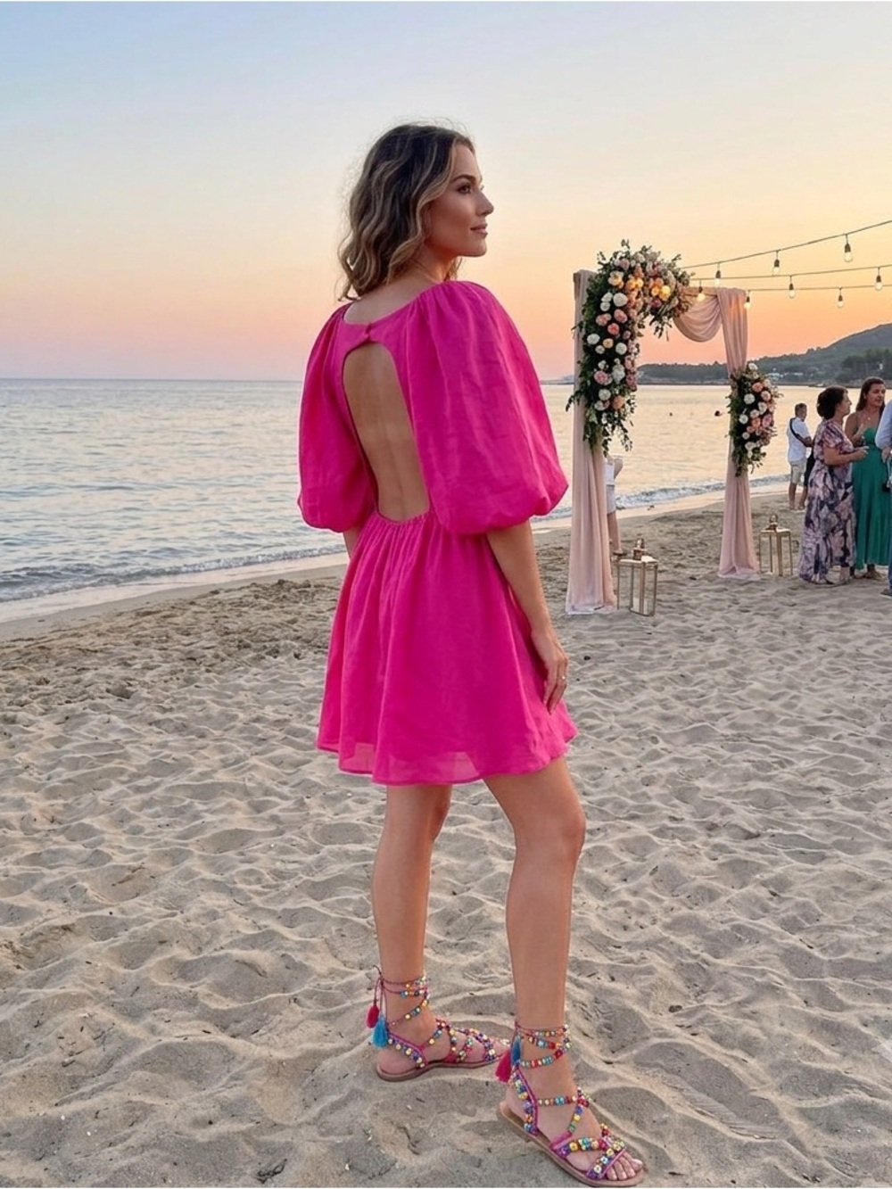 A love A Open-Back Puff Sleeve Mini Dress in Bright Pink 100 % Ramie